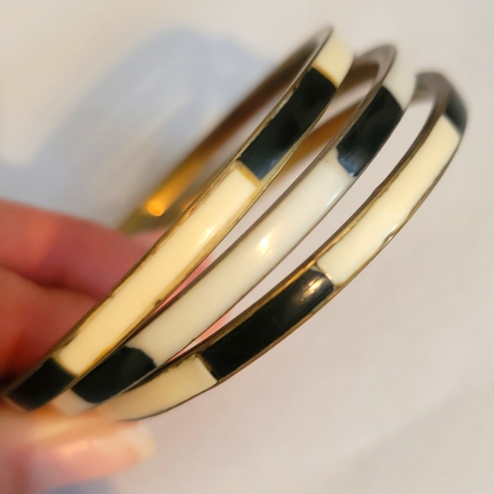 Set of vintage brass enamel bangles black & white